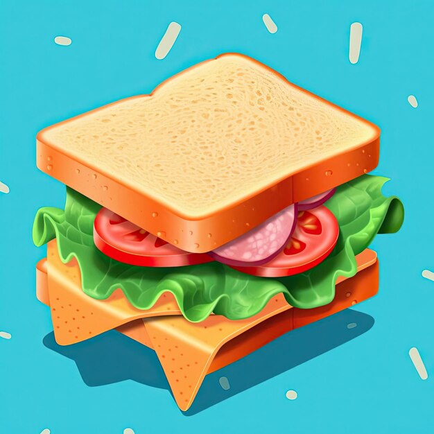 Foto sándwich con tomate jamón y lechuga en la ilustración de vector de fondo azul