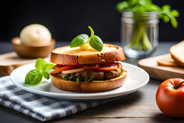 Un sándwich con tomate y lechuga encima.