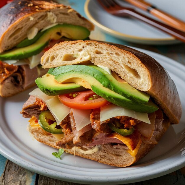 Foto un sándwich con tomates de aguacate y queso en un plato