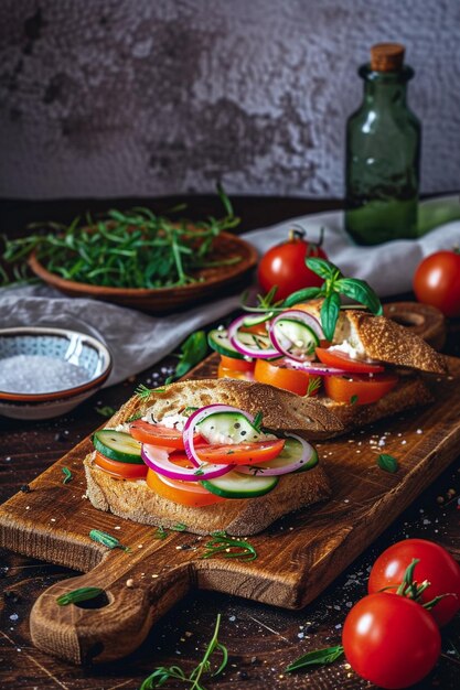 un sándwich con tomates y cebollas en una tabla de cortar