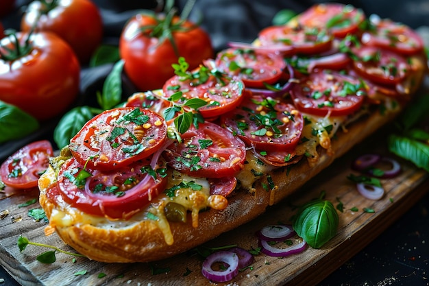 Un sándwich con tomates y cebollas en una tabla de madera