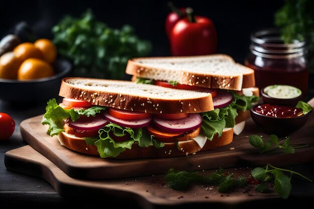 Un sándwich con tomates y lechuga en una tabla de cortar