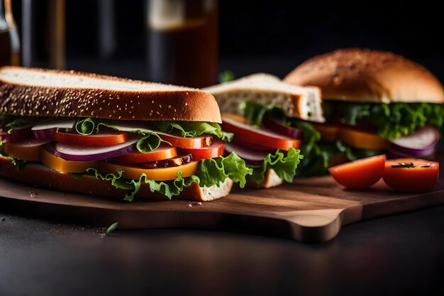 Un sándwich con tomates y lechuga en una tabla para cortar.