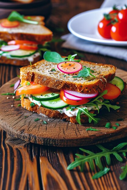 Foto un sándwich con tomates, pepino y lechuga