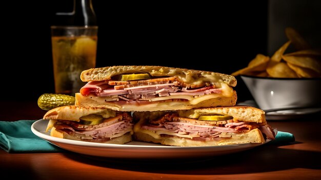 Sándwich tradicional cubano en un soporte de madera Ai Generative