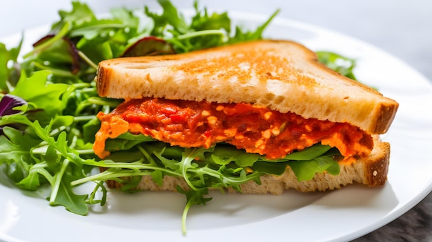 Sándwich vegano de salsa de pimiento rojo asado untado en pan fresco