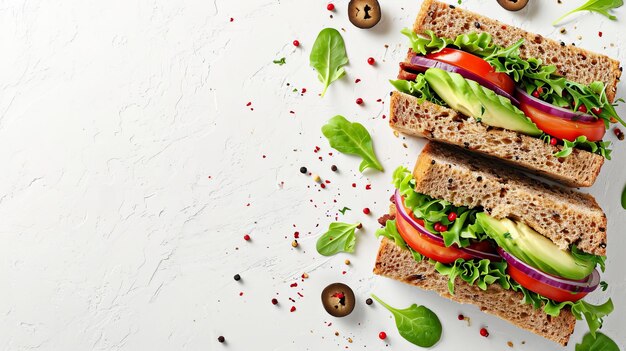 Sándwich vegetariano fresco y saludable con aguacate y verduras en la mesa blanca