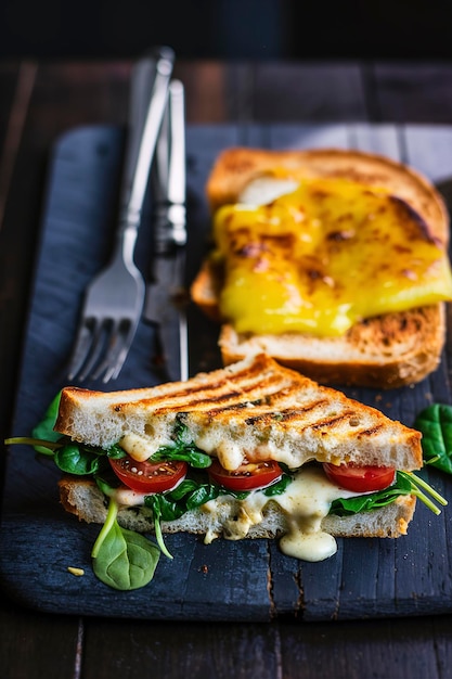 Sándwich vegetariano panini con hojas de espinaca tomates y queso en una mesa oscura tostada con queso