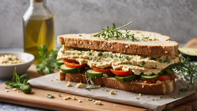 Un sándwich de verduras y hummus recién hecho con un ligero chorrito de aceite de oliva y hierbas