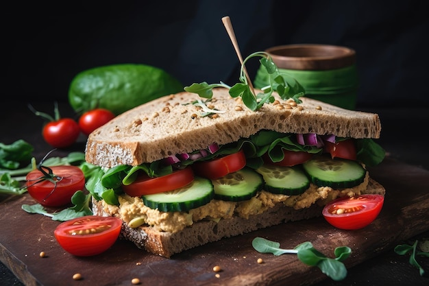 Sándwich de verduras con pepinos en rodajas de hummus y tomates cherry