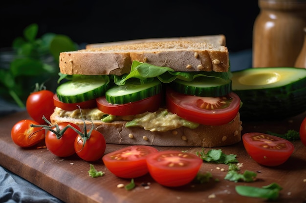 Sándwich de verduras con pepinos en rodajas de hummus y tomates cherry