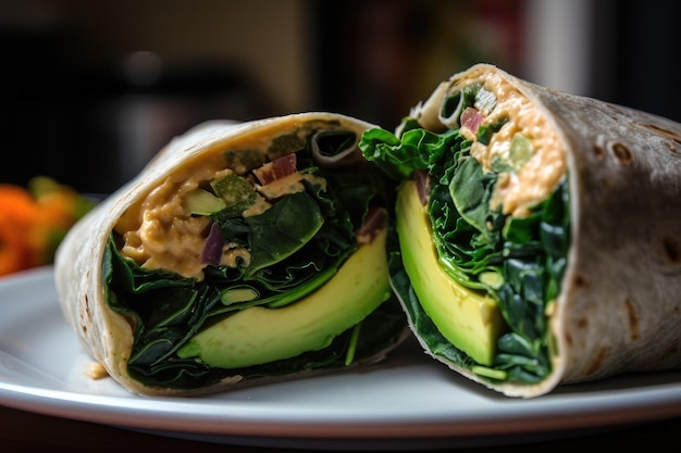 Foto sándwich wrap vegano con hummus de verduras y aguacate