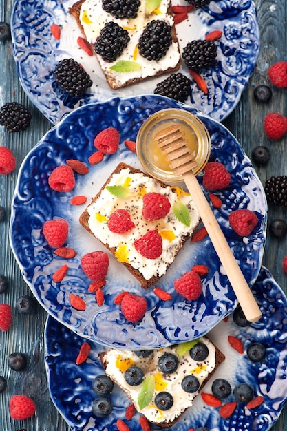 Sándwiches con bayas y frutas queso y miel Bruschetta