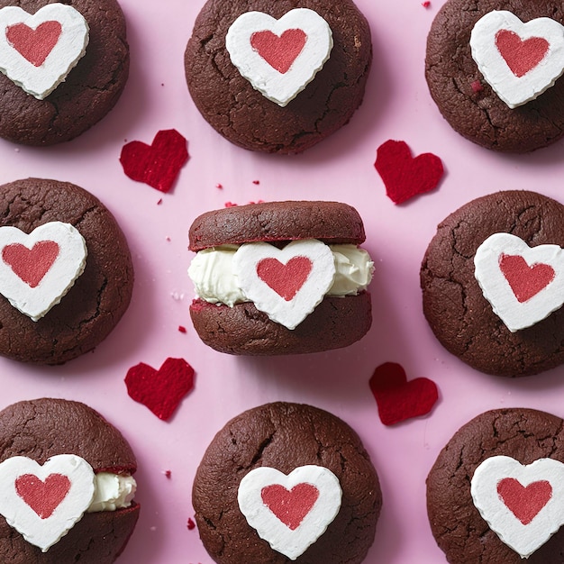 Sándwiches de galletas de chocolate con relleno de queso crema para el Día de San Valentín sobre un fondo blanco