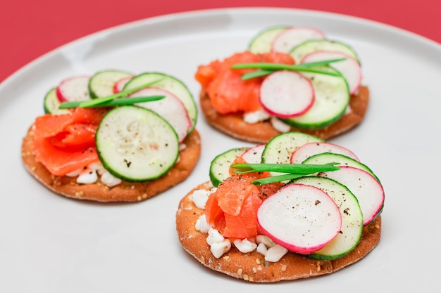 Sándwiches de galletas con salmón, pepino, rábano, queso cottage y cebollas verdes