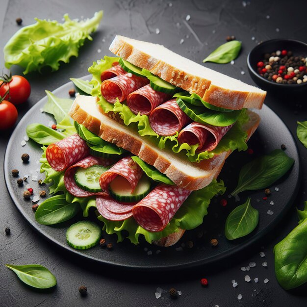 Sándwiches con hojas de lechuga y salchichas de salami en rodajas en plato negro