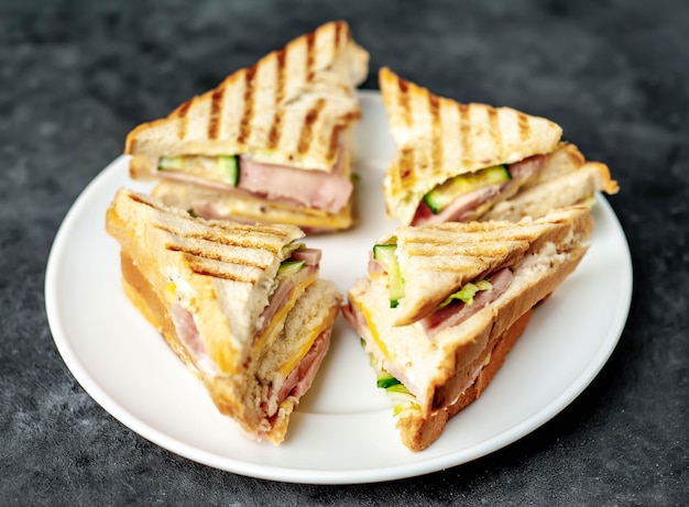 sándwiches con jamón, queso, tomate, lechuga y pan tostado en un plato blanco