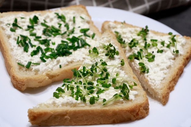 Sándwiches con microvegetales en un plato El concepto de alimentación saludable Dieta fitness tostadas con queso blando Delicioso aperitivo desayuno o merienda