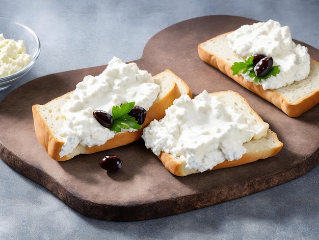 Sandwiches mit Hüttenkäse und Brot mit Oliven auf einem grauen Tisch