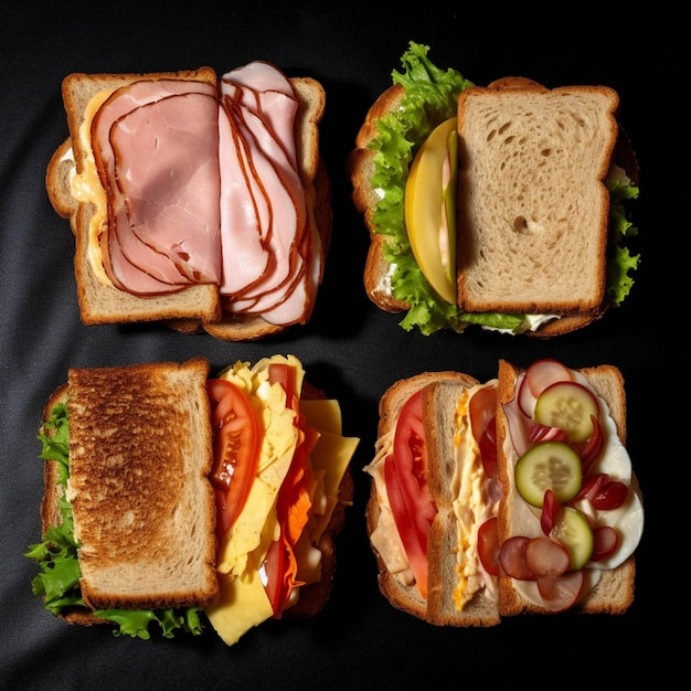 Sandwiches mit Schinken, Käse und Gemüse auf dunklem Hintergrund