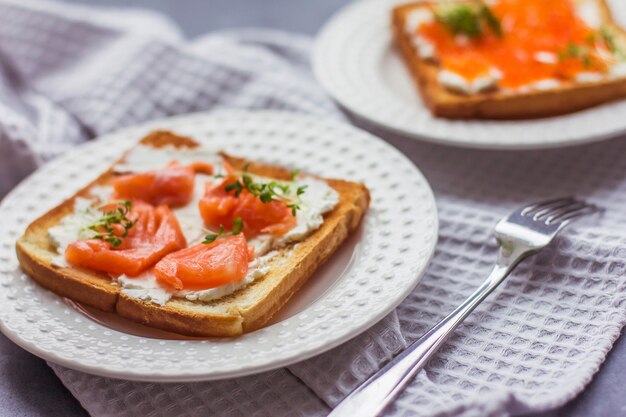 Sandwiches oder Tapas aus rotem Kaviar und rotem Fisch mit Mikrogrün, Meeresfrüchten Luxus-Delikatesse