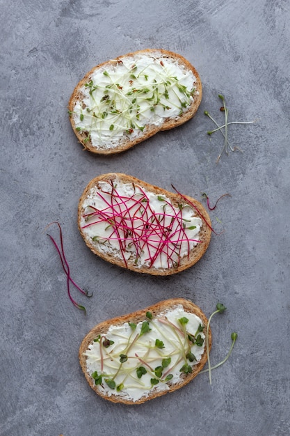 Sandwiches con queso y microgreens sobre una superficie de concreto