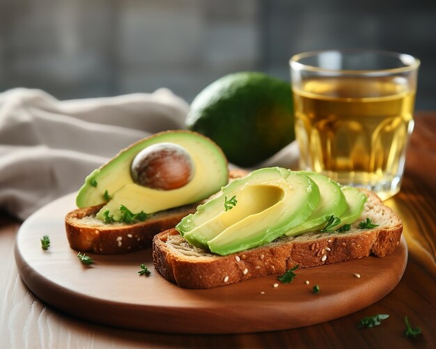 Sándwiches sabrosos con aguacate en primer plano de tablero de madera Desayuno saludable IA generativa