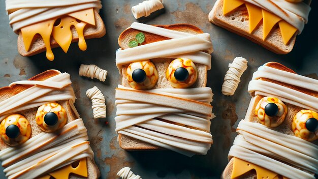 sándwiches terribles para Halloween en forma de una momia vista horizontalmente desde la parte superior