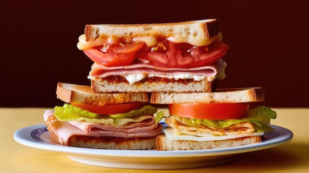 Sándwiches de tomate, jamón, queso y ensalada sobre tostadas