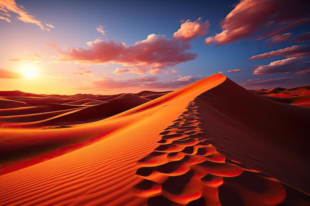 Sandwüstenlandschaft Bilder von wellenförmigen Dünen, die sich unendlich unter dem unendlichen Himmel erstrecken und von den warmen Farben der untergehenden Sonne beleuchtet werden