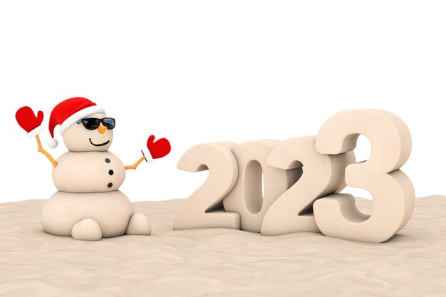 Foto sandy christmas snowman am sonnenstrand mit 2023 neujahrszeichen 3d-rendering