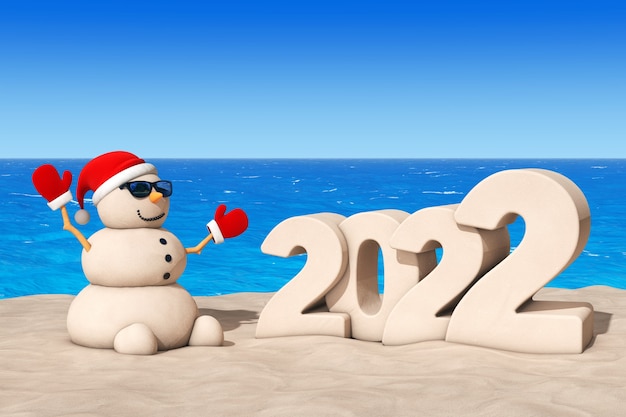 Sandy Christmas Snowman am Sunny Beach mit 2022 New Year Sign extreme Nahaufnahme. 3D-Rendering