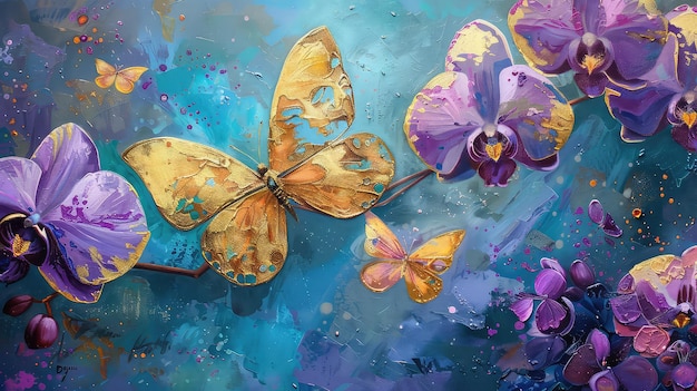 sanfte Frühlingsblumen und hellblaue Schmetterlinge mit einem goldenen Farbton im Sommer Frühlingsfeld im Hintergrund