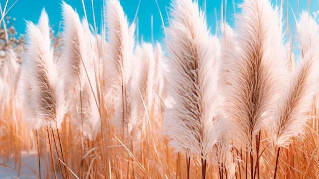 Sanfte Vegetation auf einem abstrahierten natürlichen Hintergrund Selloan cortaderia Pampasgras mit einem Boho-Stil-Hintergrund aus trockenem Schilf Generative KI