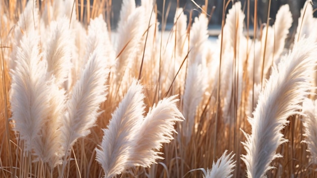 Sanfte Vegetation auf einem abstrahierten natürlichen Hintergrund Selloan cortaderia Pampasgras mit einem Boho-Stil-Hintergrund aus trockenem Schilf Generative KI