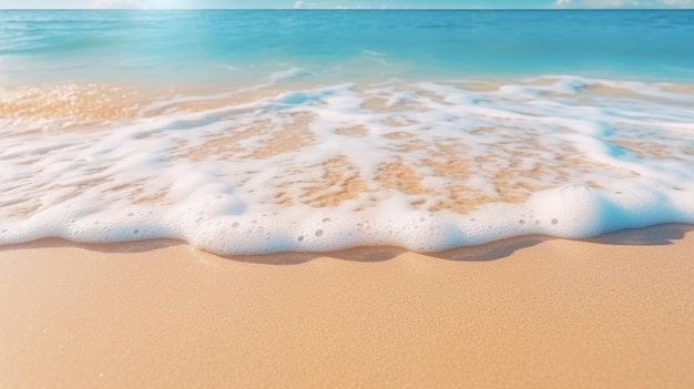 Sanfte Wellen mit schaumblauem Meer an einem goldenen, sonnigen Sandstrand im Resort im Sommerurlaub