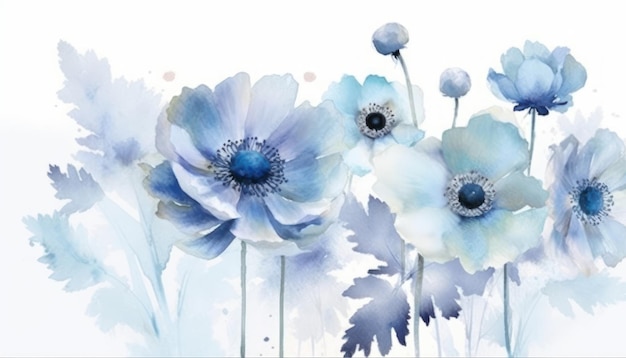 Sanftes blaues Anemonen-Arrangement im modernen Aquarellstil auf weißem Hintergrund. Generative KI