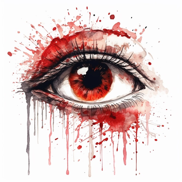 sangre salpicado ojo con globo ocular rojo y gotas de sangre generativo ai