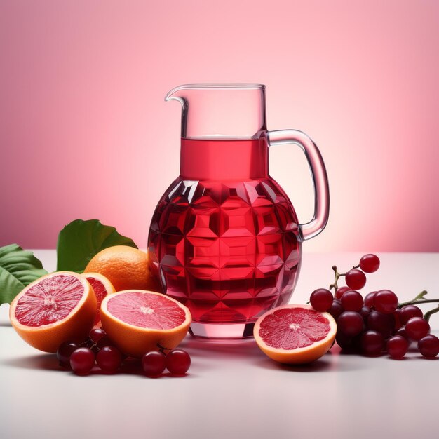 Foto sangria vibrante em 3d com suco vermelho e uvas em fundo rosa