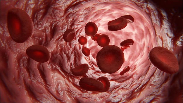 Sangue nas veias, vasos sanguíneos, glóbulos brancos e plaquetas, exames de sangue saudáveis, renderização 3d