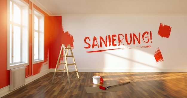 Sanierung (Deutsch für: Renovierung eines Zimmers) an der Wand mit frischer Farbe geschrieben, Malerei Wand rot im Zimmer einer Wohnung nach dem Umzug, mit Leiter und Farbeimer