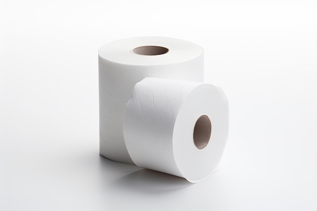 Sanitário e doméstico Uma visão aproximada de um rolo de papel higiênico imaculado solitário colocado em um branco