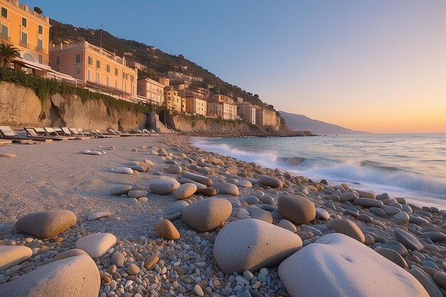 Sanremo riviera dei fiori liguria itália paisagens rochas e seixos na praia iluminadas bonitas pelo pôr do sol lig