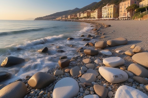 Sanremo riviera dei fiori liguria italia paisajes rocas y guijarros en la playa iluminado hermoso por la puesta de sol lig