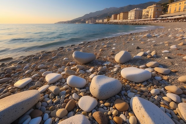 Sanremo Riviera dei Fiori Ligurien Italien Landschaft Felsen und Kieselsteine am Strand schön beleuchtet von Sonnenuntergang Lig