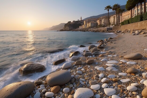 Sanremo Riviera dei Fiori Ligurien Italien Landschaft Felsen und Kieselsteine am Strand schön beleuchtet von Sonnenuntergang Lig