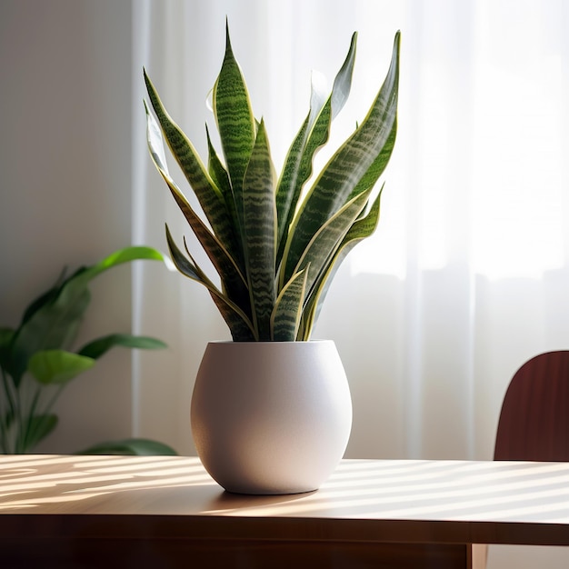 Foto sansevieria em um vaso branco exibido em uma mesa marrom