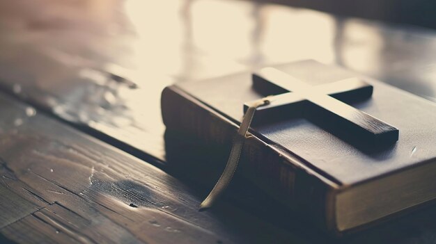 Santa Biblia y cruz en la mesa con la mujer cristiana