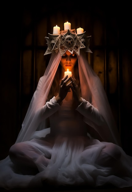 Foto santa bruja vestida de novia blanca con velas hechizo de magia negra vudú