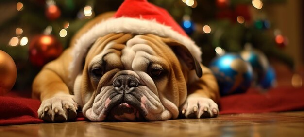 Santa Bulldog cerca del árbol de Navidad